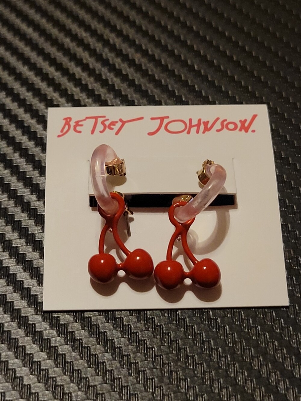 Betsey Johnson Cherry Charm Pink Huggie Hoop Earrings NWT Gold Tone - Picture 5 of 5